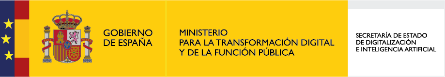 Logo del Gobierno de España, Ministerio para la Transformación Digital y de la Función Pública, y Secretaría de Estado de Digitalización e Inteligencia Artificial, con fondo amarillo y elementos gráficos distintivos.
