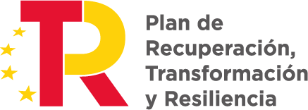 Logo del Plan de Recuperación, Transformación y Resiliencia de España, destacando las iniciales "R" y "T" en colores rojo y amarillo, acompañadas de estrellas.